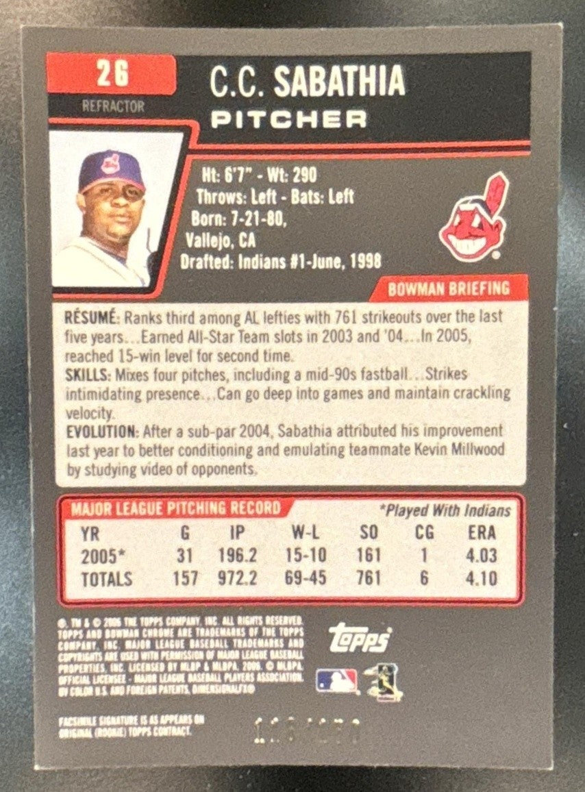 2006 Bowman Chrome CC Sabathia Blue Refractor /150 #26 Cleveland Indians