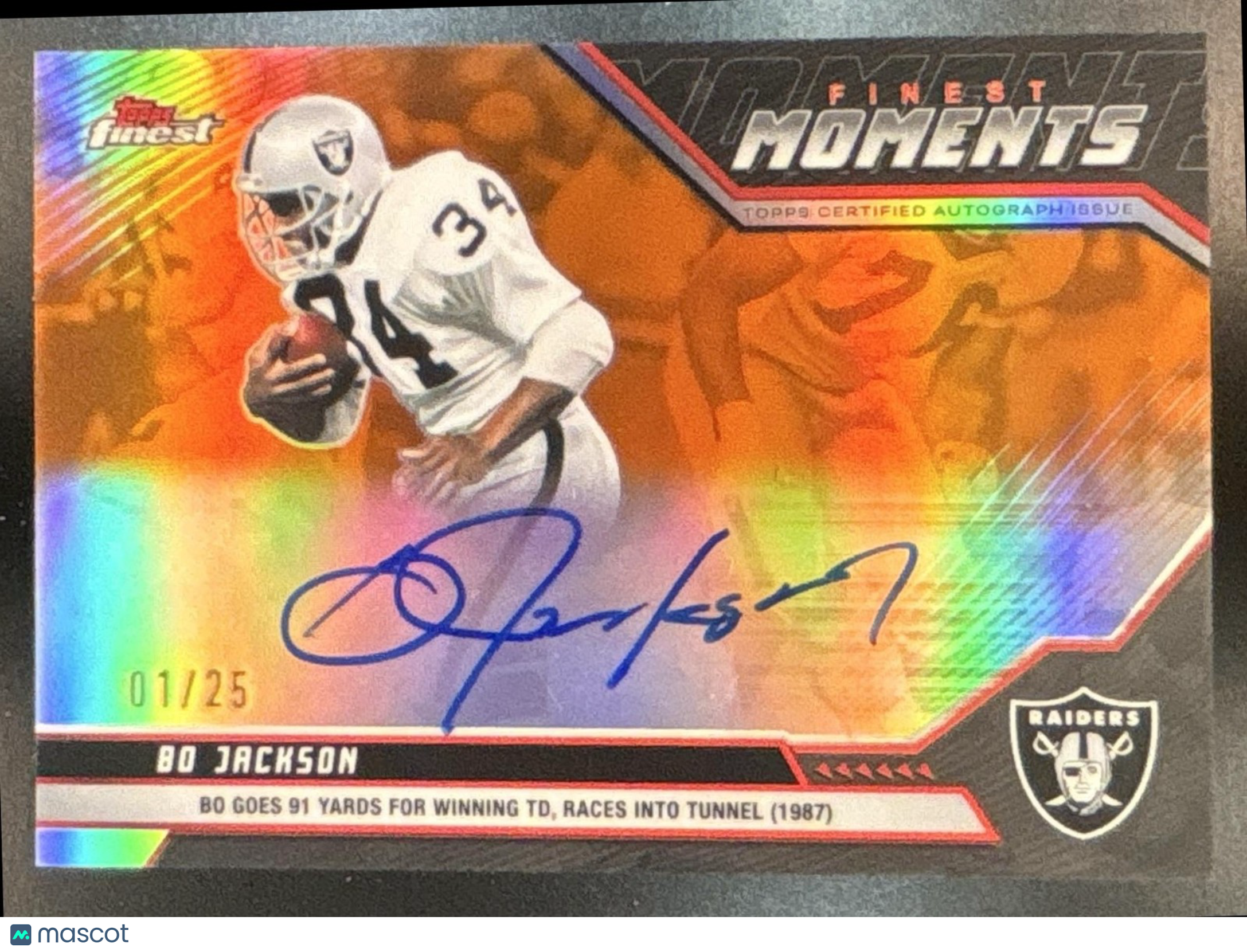 2025 Topps Finest Bo Jackson Finest Moments Auto Orange 1/25 Book End Raiders