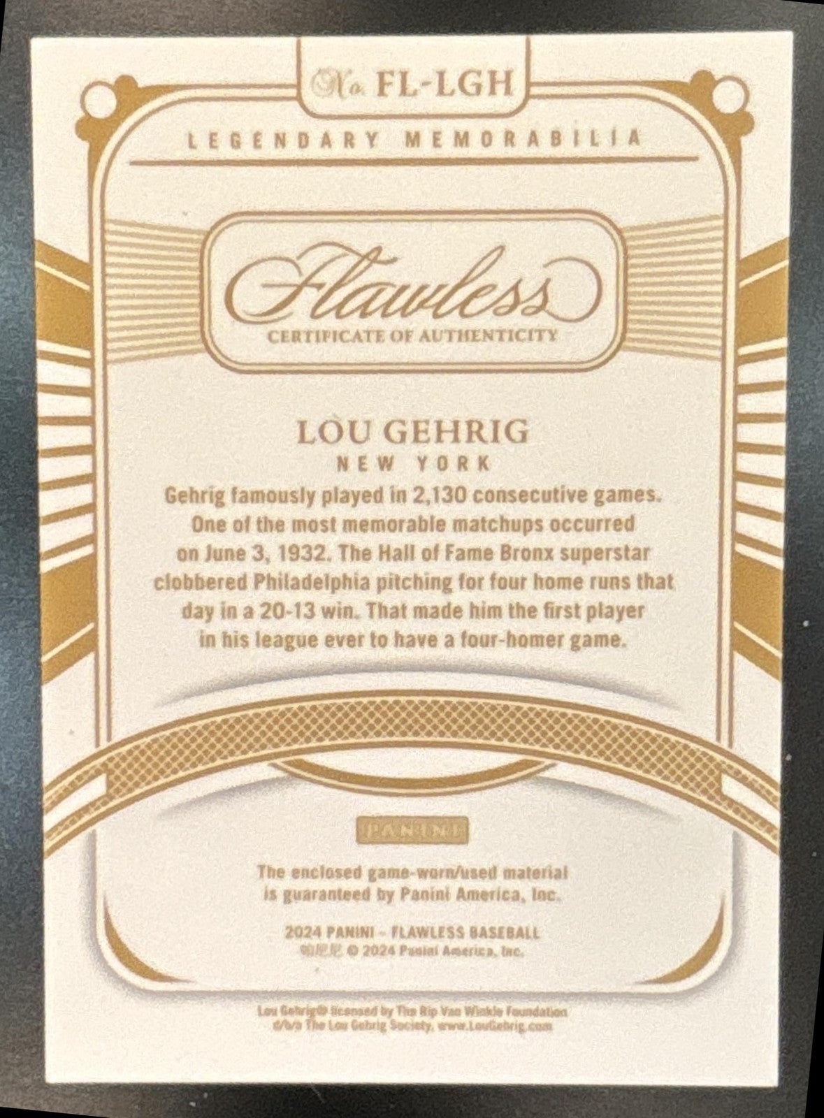 2024 Panini Flawless Lou Gehrig Legendary Memorabilia GAME USED! /25 Yankees
