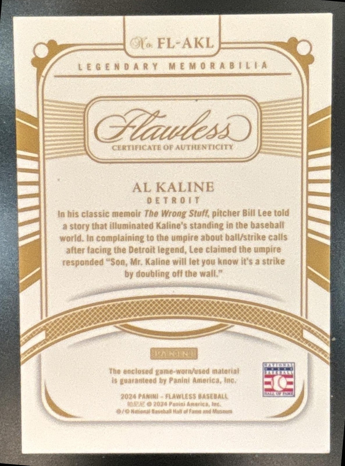 2024 Panini Flawless Al Kaline Legendary Memorabilia GAME USED 1/1 Tigers