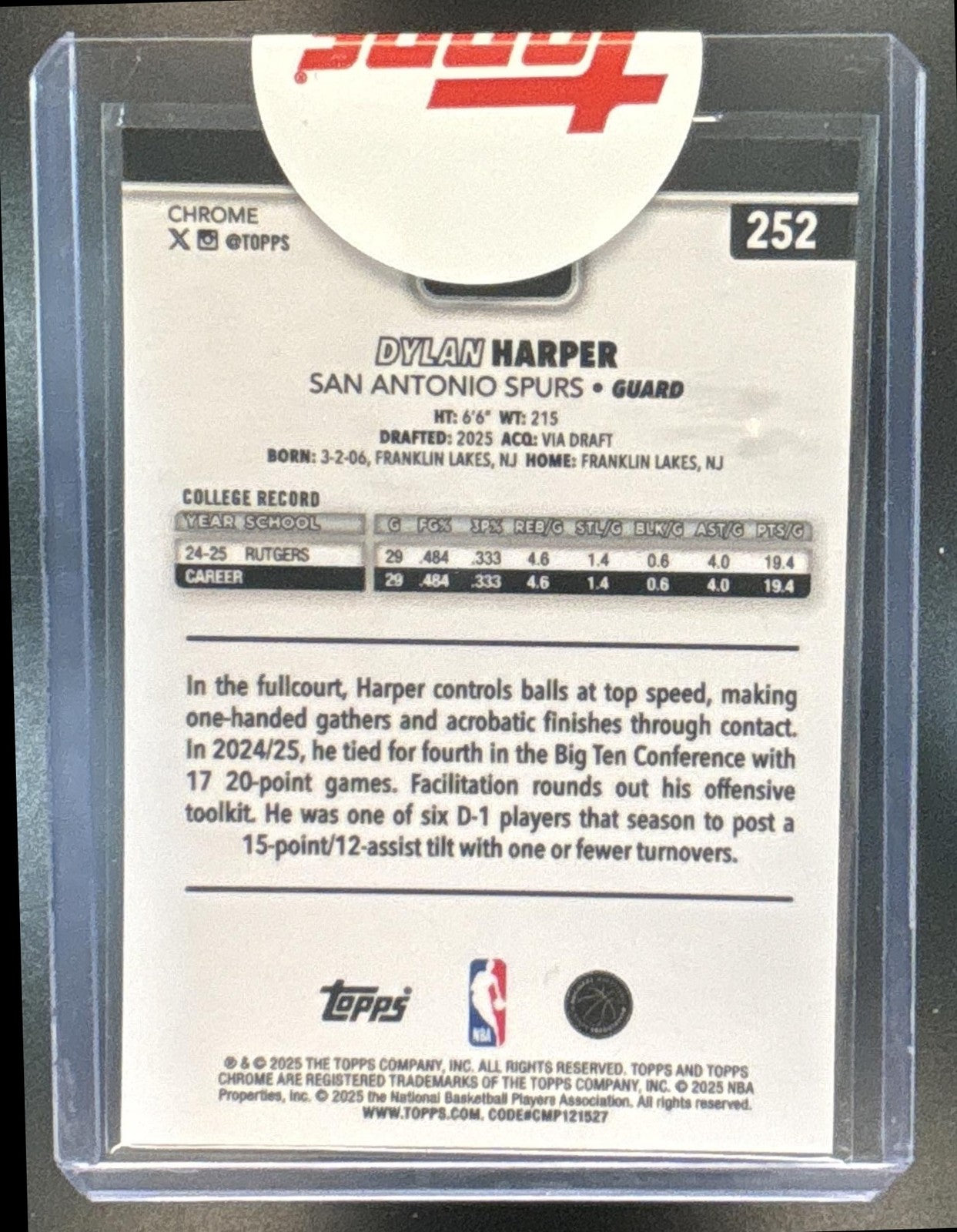 2025-26 Topps Chrome Dylan Harper Blue X-Fractor #252 RC San Antonio Spurs