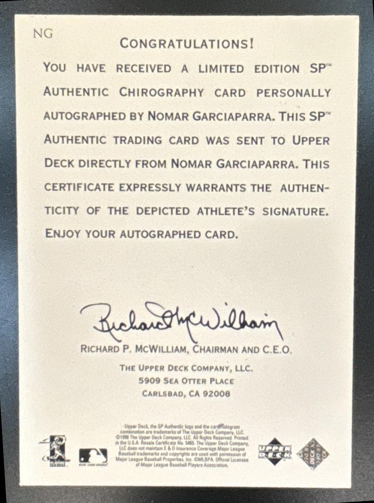 1998 SP Authentic Nomar Garciaparra Chirography #NG Auto Boston Red Sox
