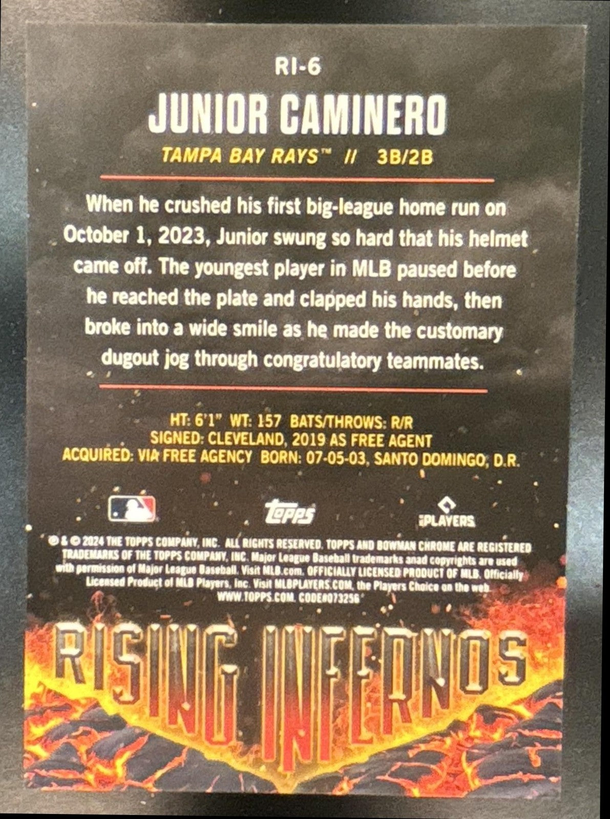 2024 Bowman Junior Caminero Rising Infernos Chrome Aqua /125 RC Tampa Bay Rays