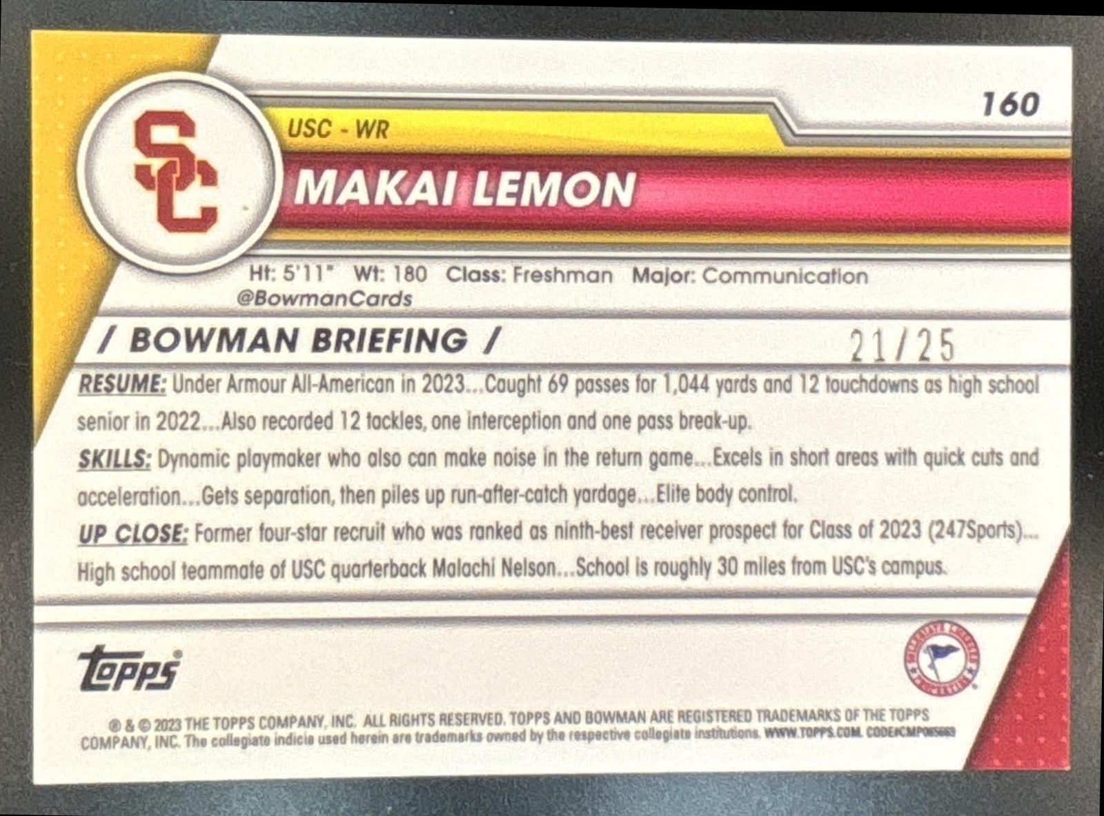 2023 Bowman University Chrome Makai Lemon Orange Refractor /25 #160 USC Trojans