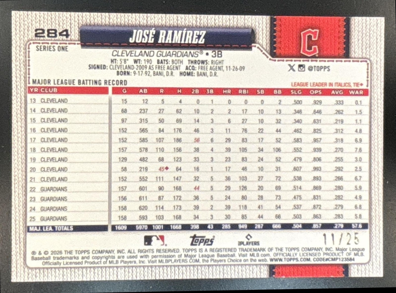 2026 Topps Series 1 Jose Ramirez Walk This Way Orange /25 #284 Guardians