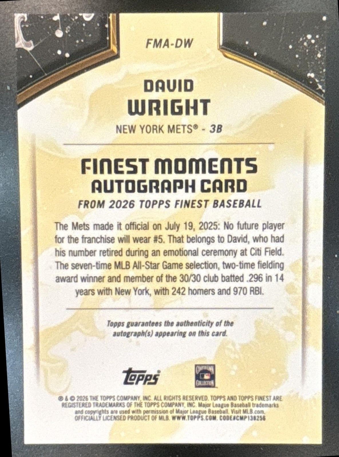 2026 Topps Finest David Wright Moments Auto #FMA-DW New York Mets