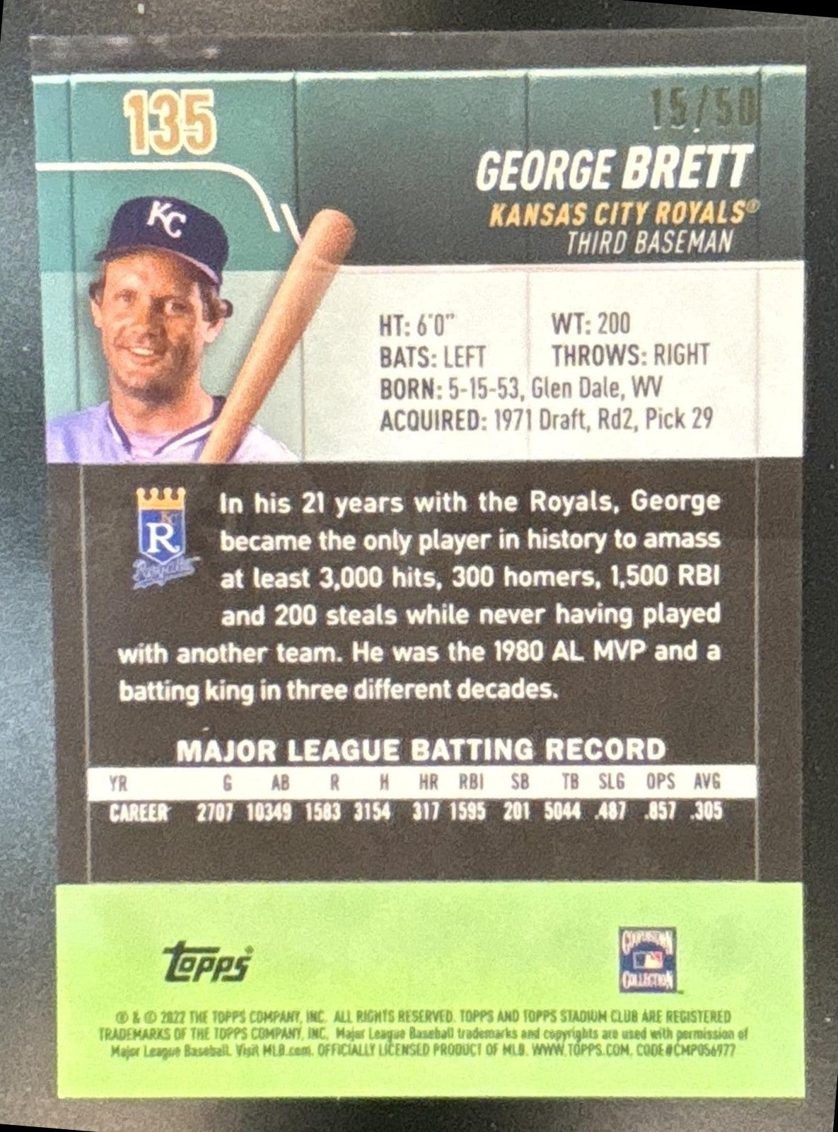 2022 Topps Stadium Club Chrome George Brett Gold /50 #135 Kansas City Royals