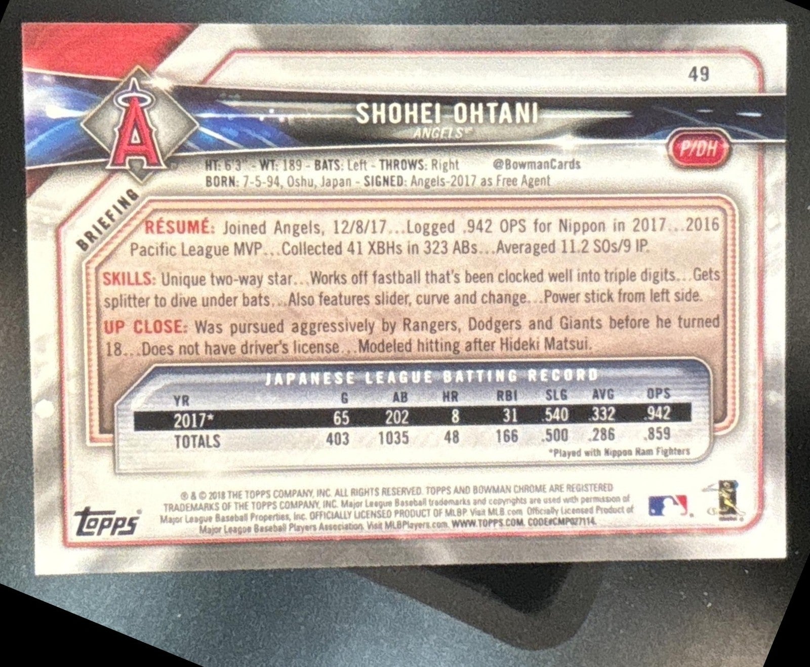 2018 Bowman Shohei Ohtani #49 RC Los Angeles Angels