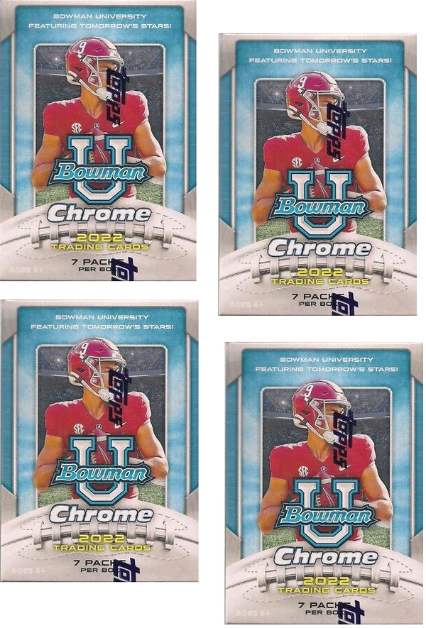 DRAFT DAY DEAL 4 Boxes of 2022 Bowman Chrome University Football Blaster Box (4 Pack Lot) Loaded with Rookie Cards