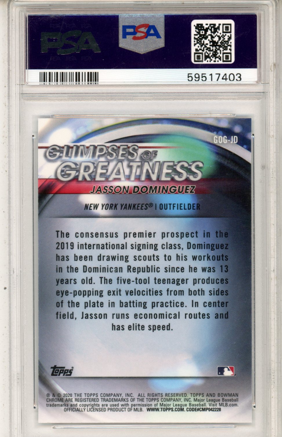 2020 Bowman Draft Glimpses Of Greatness Jasson Dominguez PSA 10 GEM MINT NYY