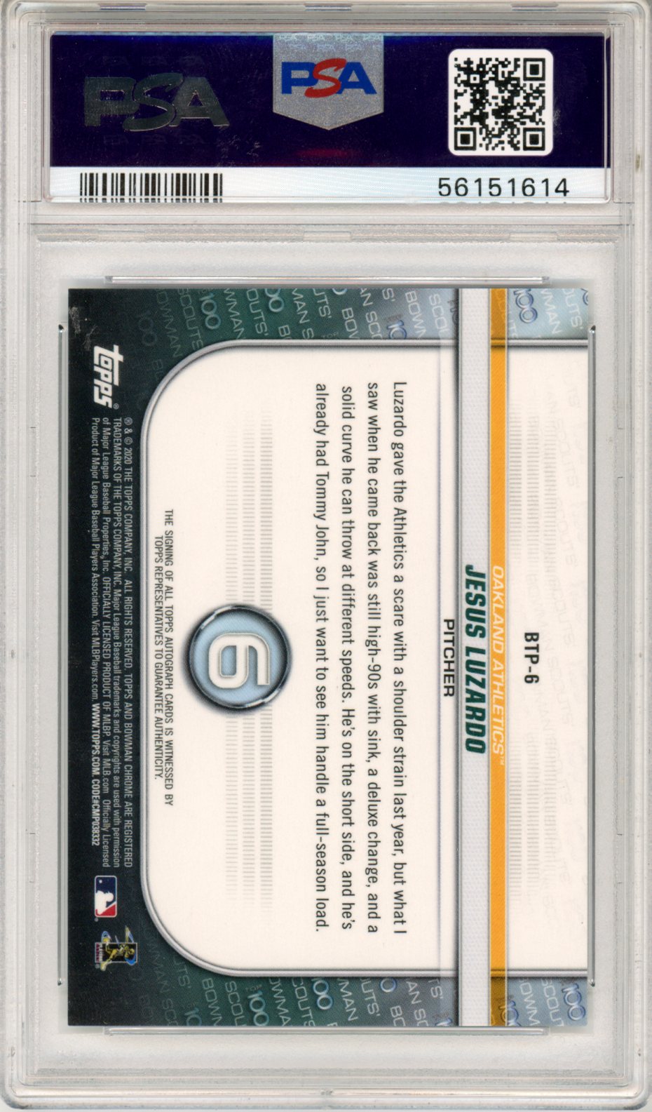 2020 Bowman Chrome Scouts' Top 100 Jesus Luzardo Autograph #BTP6 PSA 10
