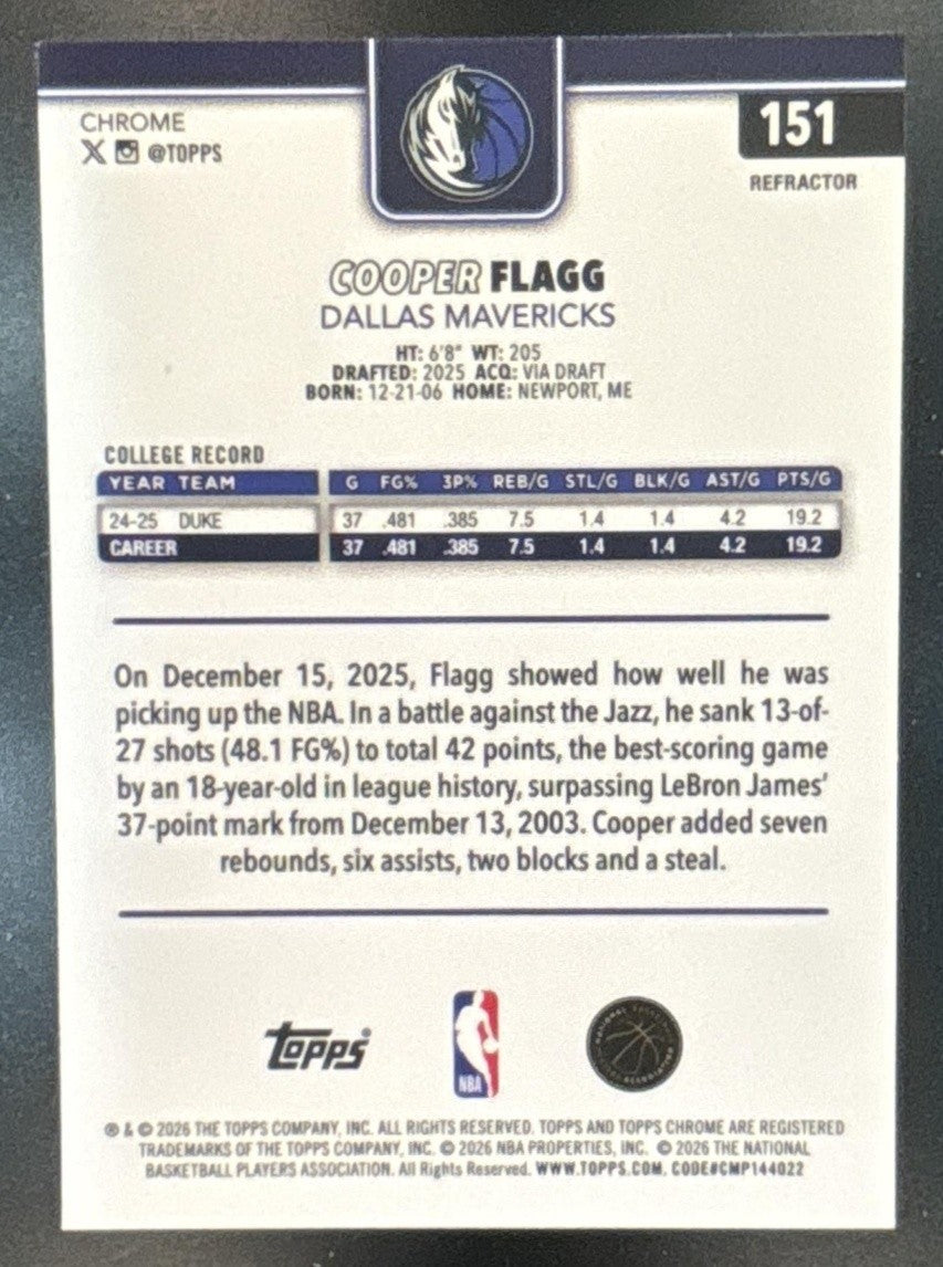 2025-26 Topps Chrome Update Cooper Flagg Refractor #151 RC Dallas Mavericks