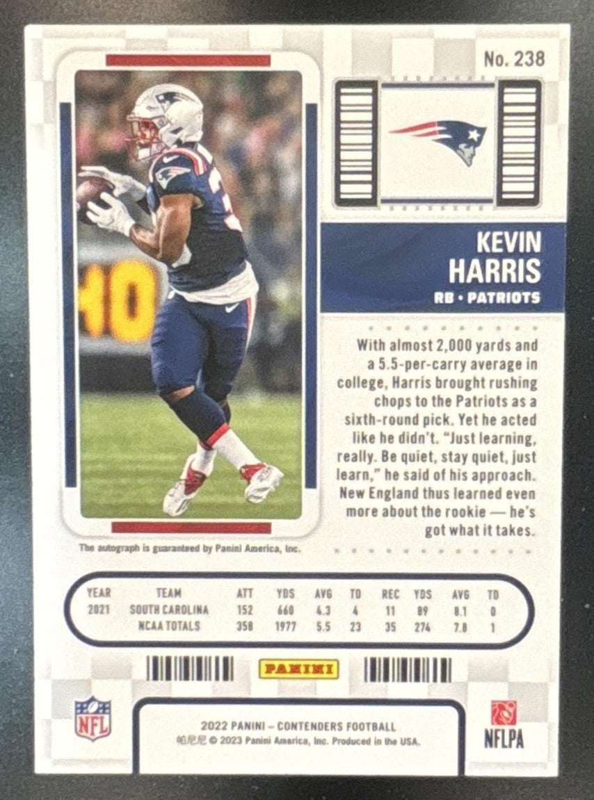 2022 Panini Contenders Kevin Harris #238 RC Auto New England Patriots