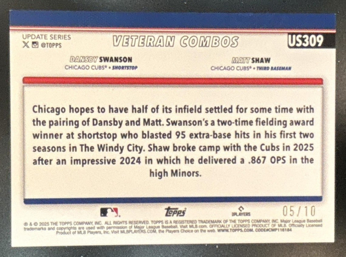 2025 Topps Update Dansby Swanson Matt Shaw Black Rainbow Foil /10 #US309 Cubs