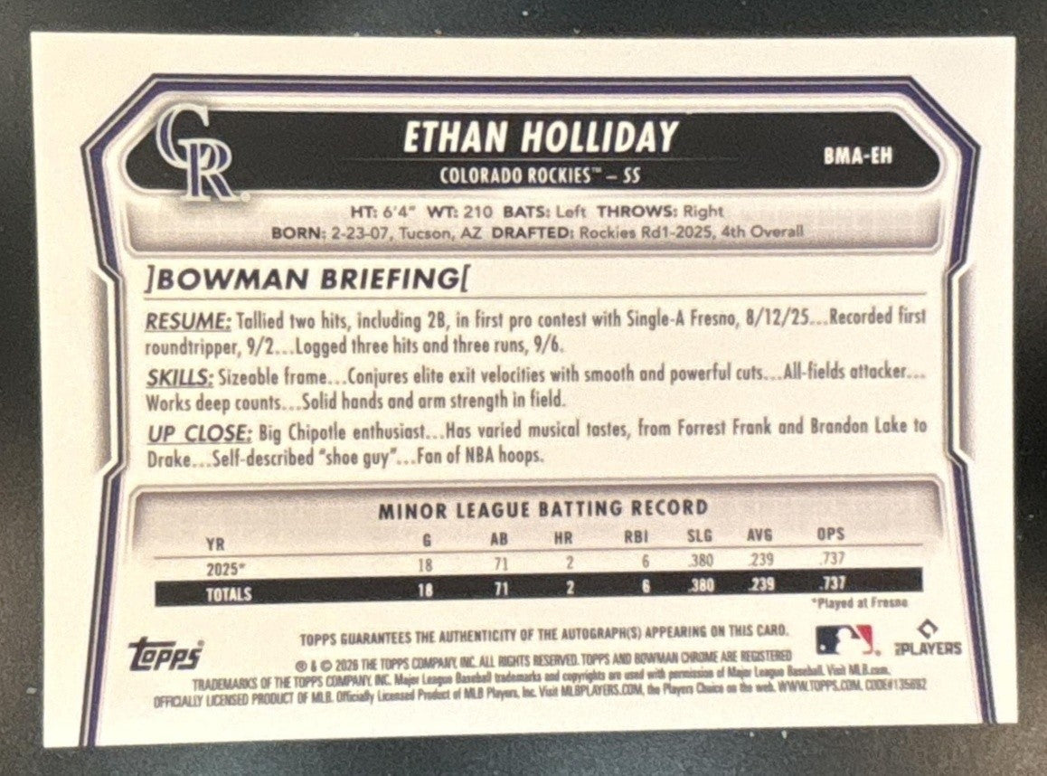 2026 Bowman Mega Box Ethan Holliday Chrome Prospect Auto Gold Mojo /50 Rockies