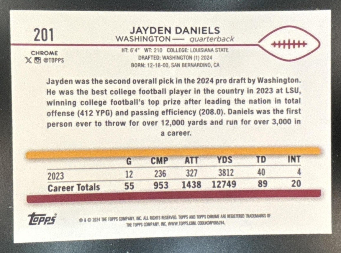 2024 Topps Chrome Jayden Daniels Magenta Speckle /399 #201 RC Commanders