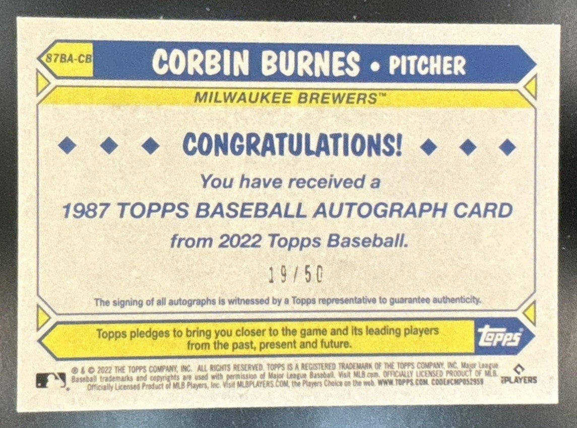 2022 Topps Update Corbin Burnes 1987 Baseball Auto Gold /50 Milwaukee Brewers