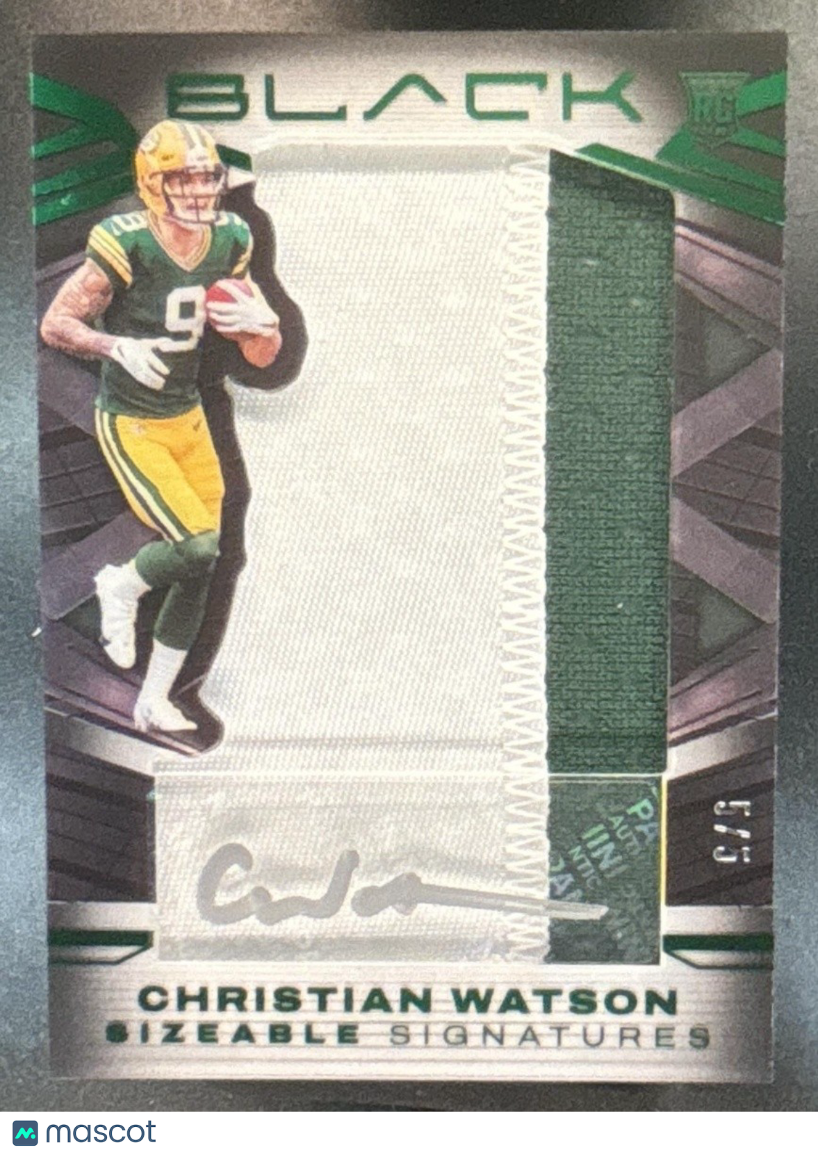 2022 Panini Black Christian Watson Sizeable Signatures Jersey /5 MEM Auto RC