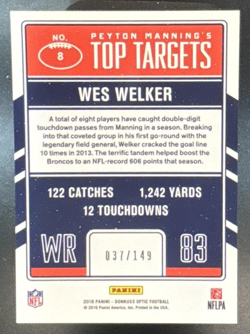 2016 Donruss Optic Wes Welker Peyton Manning Top Targets Blue /149 #8 Broncos