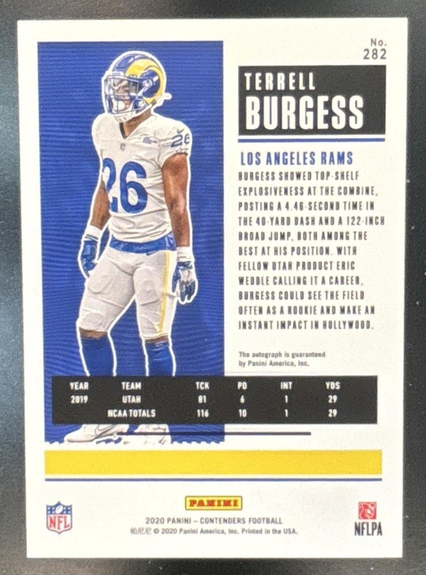 2020 Panini Contenders Terrell Burgess #282 Auto RC Los Angeles Rams