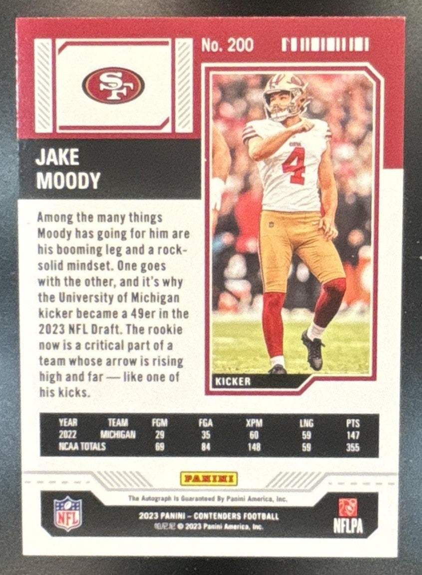 2023 Panini Contenders Jake Moody Midfield Ticket /50 #200 Auto RC 49ers
