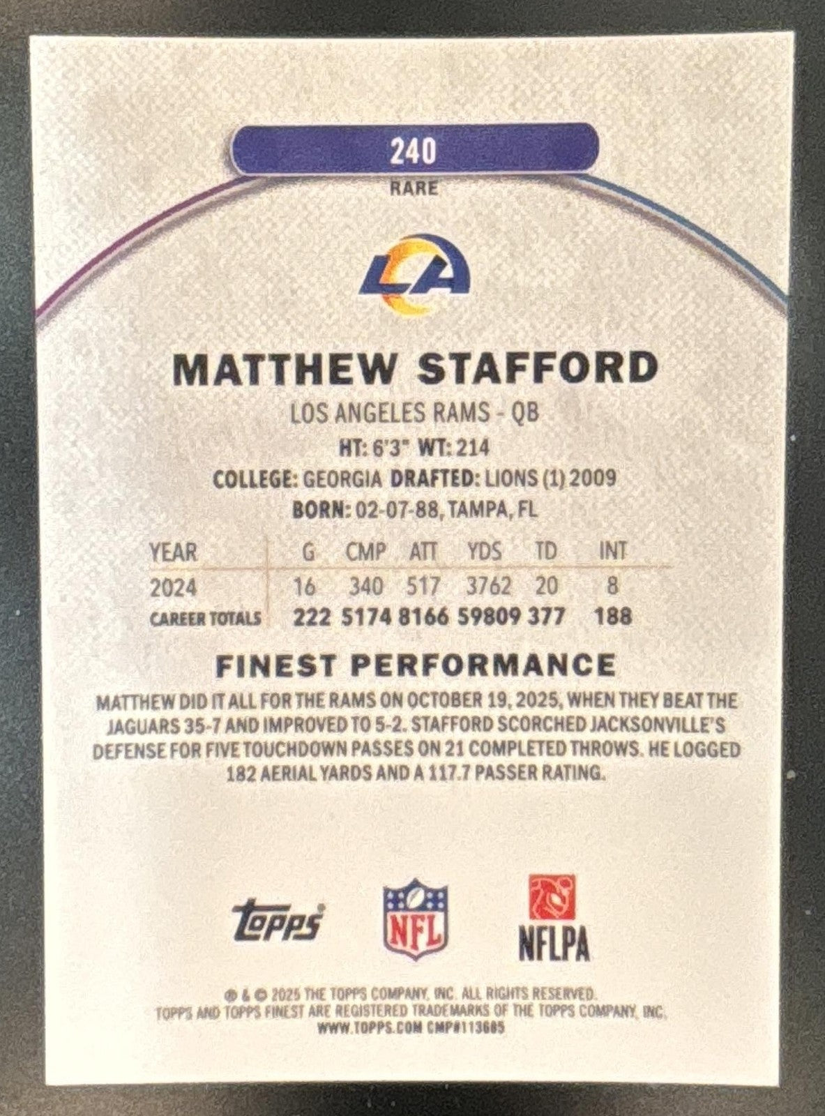 2025 Topps Finest Matthew Stafford Black Geometric Refractor /10 #240 Rams