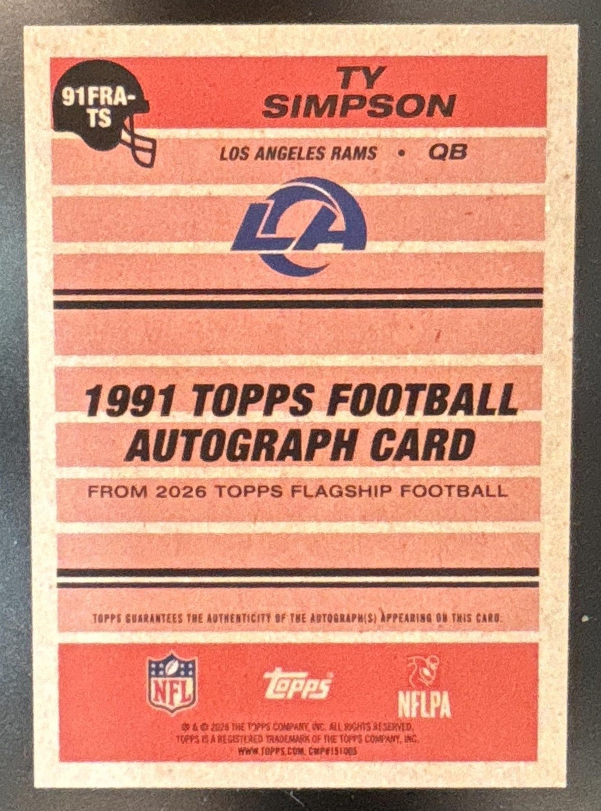 2026 Topps Ty Simpson 1991 Rookie Auto #91FRA-TS RC Los Angeles Rams