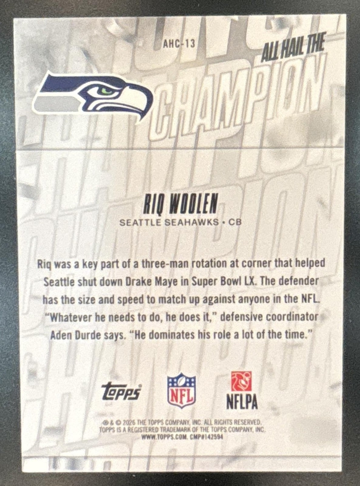 2026 Topps Riq Woolen All Hail The Champ Blue Foil /150 #AHC-13 Seattle Seahawks