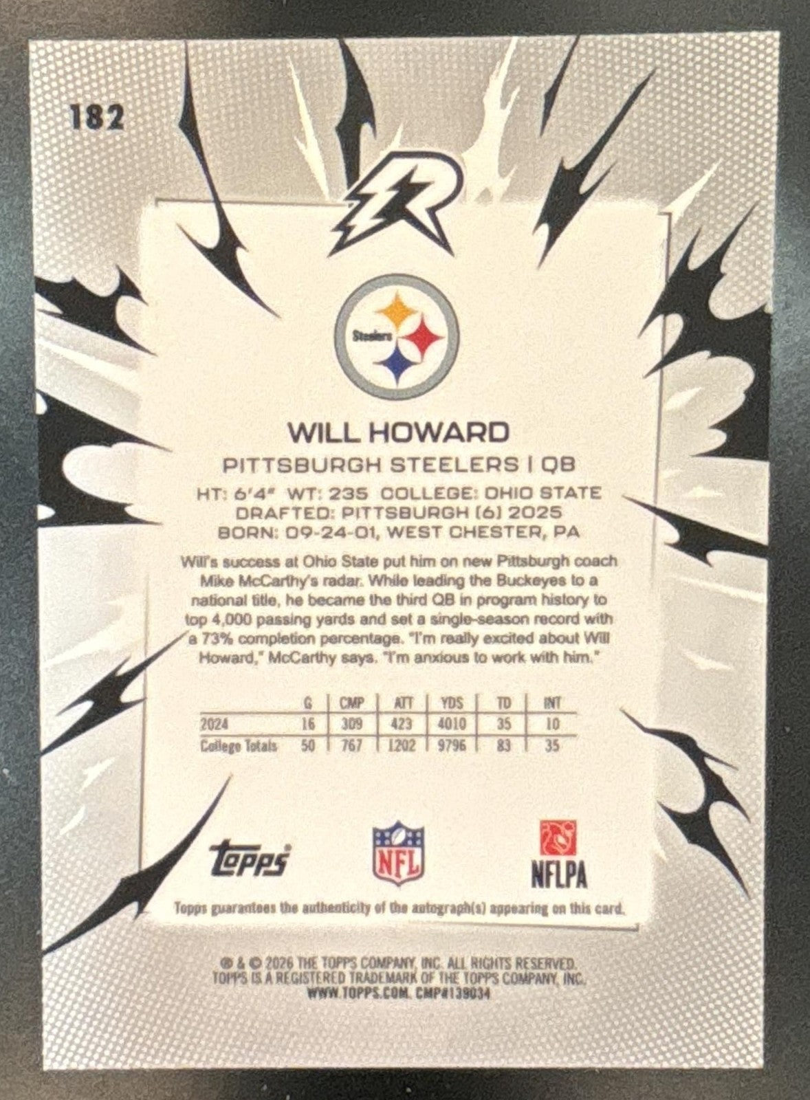 2025 Topps Resurgence Will Howard Signatures #182 RC Auto Pittsburgh Steelers