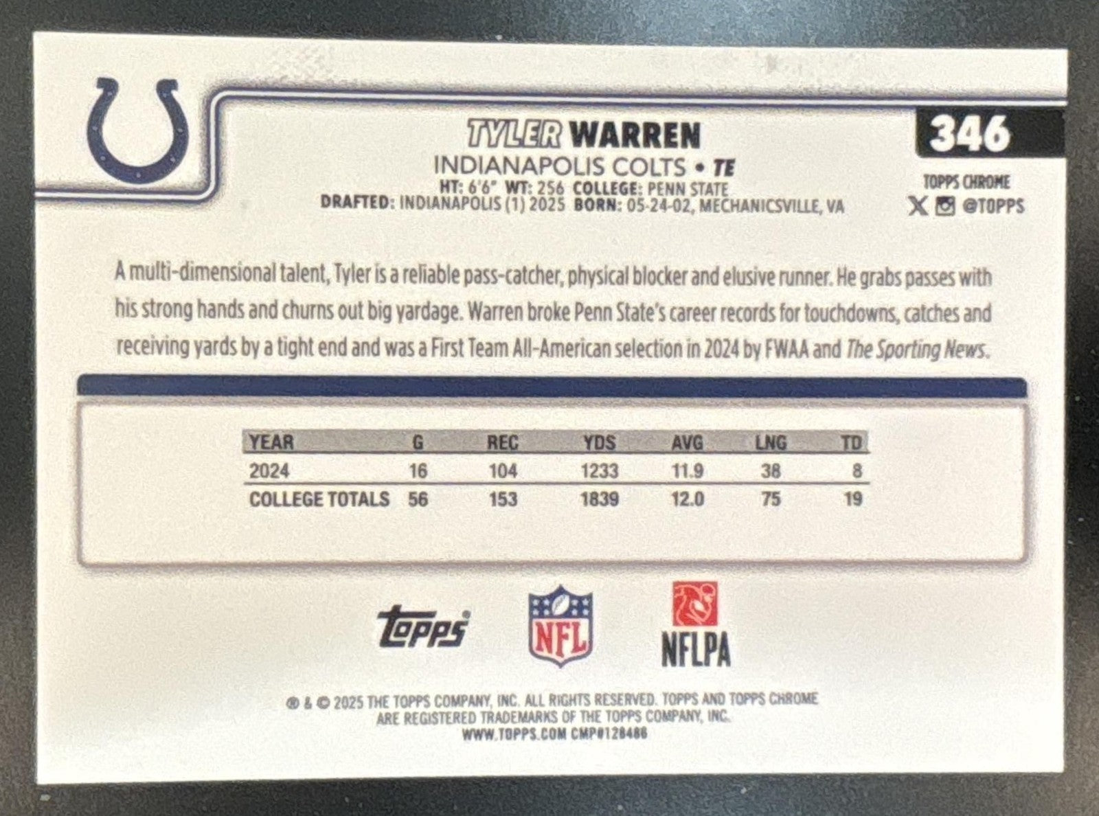 2025 Topps Chrome Tyler Warren Image Variation Green /99 #346 SP RC Colts