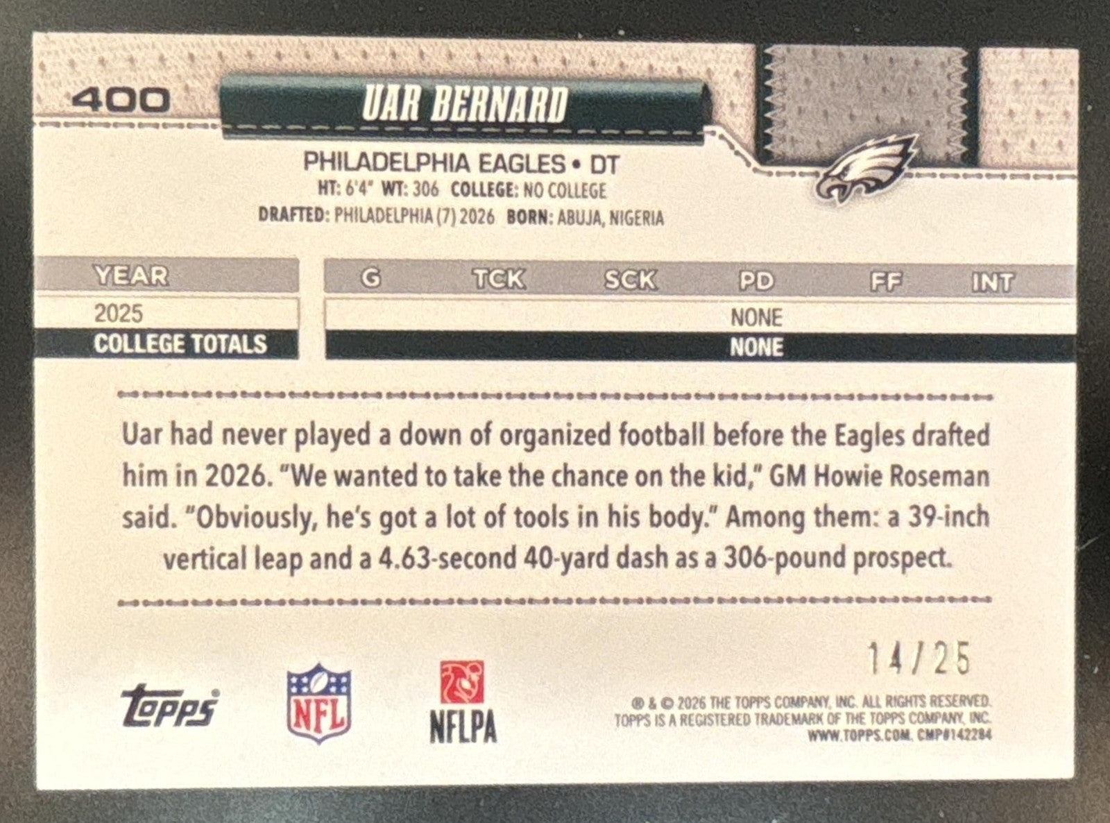 2026 Topps Uar Bernard Sandglitter Orange /25 #400 RC Philadelphia Eagles