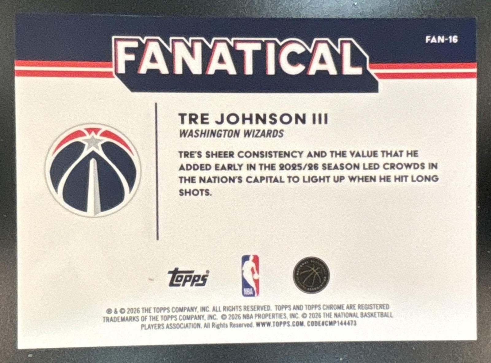 2025-26 Topps Chrome Update Tre Johnson III Fanatical RC Washington Wizards
