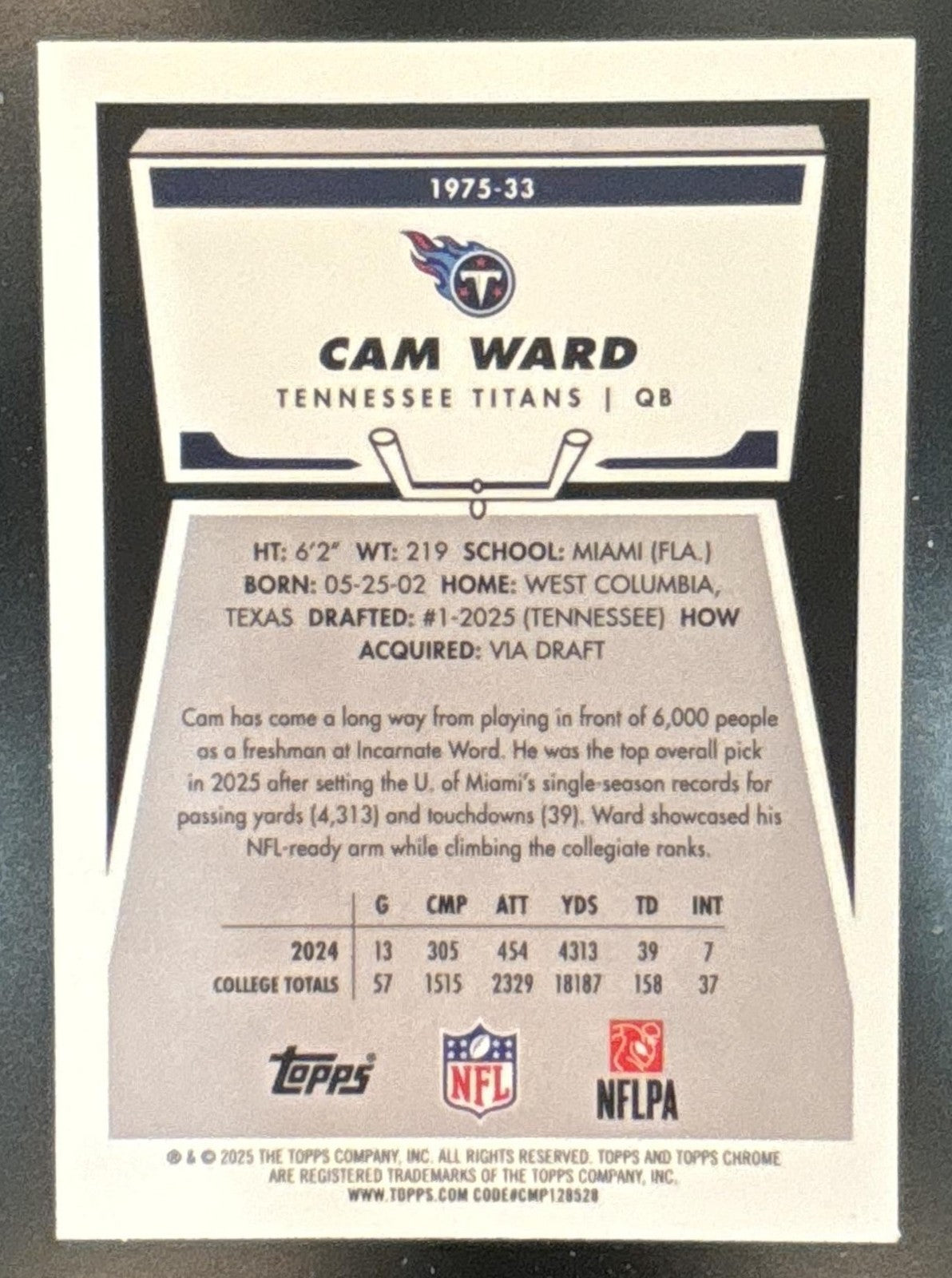 2025 Topps Chrome Cam Ward 1975 Pink Refractor /250 #1975-33 RC Tennessee Titans