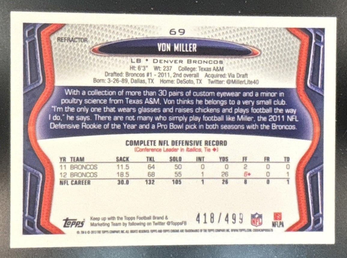 2013 Topps Chrome Von Miller Camo Refractor /499 #69 Denver Broncos
