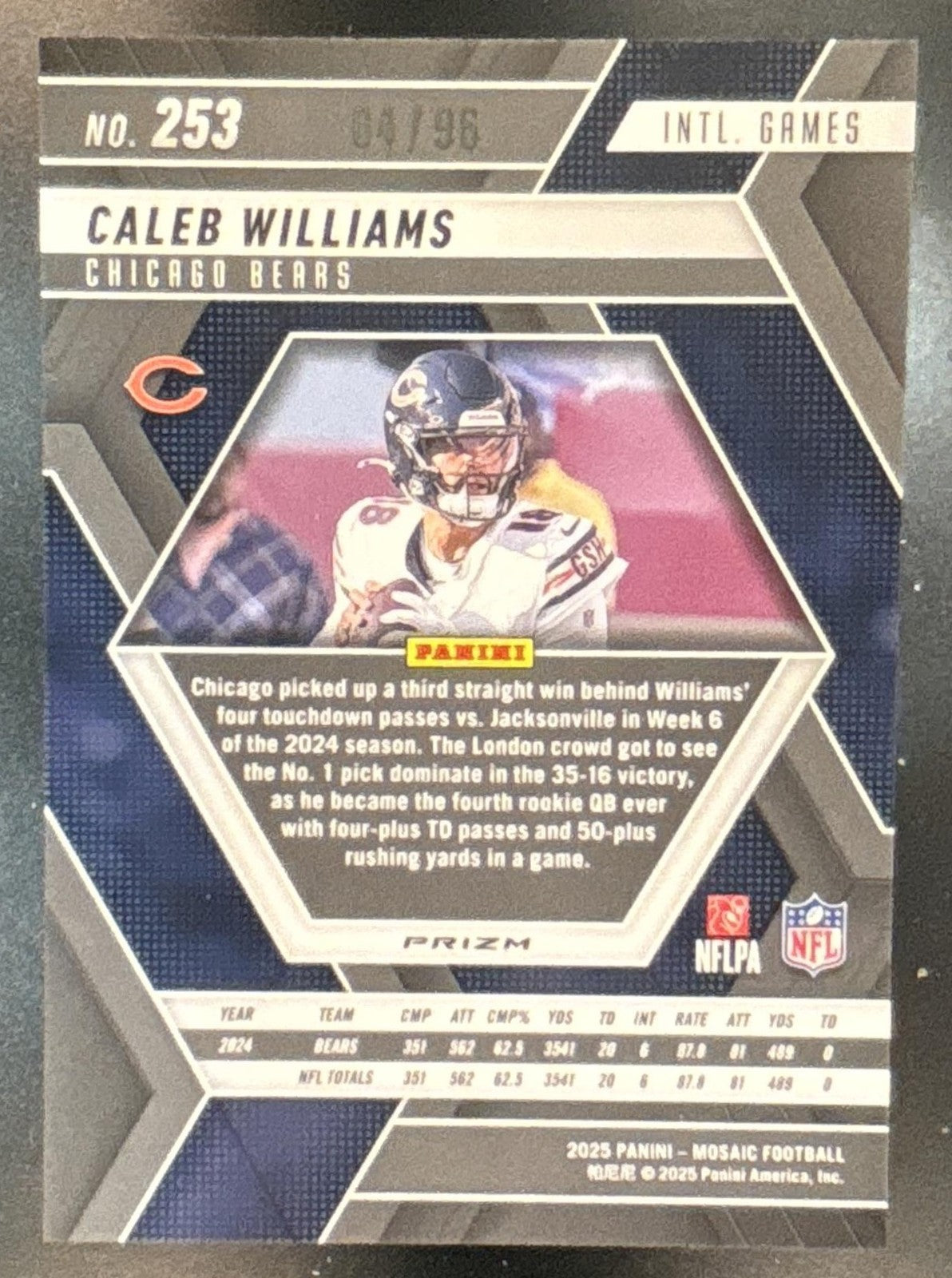 2025 Mosaic Caleb Williams International Games Blue Sparkle /96 #253 Bears