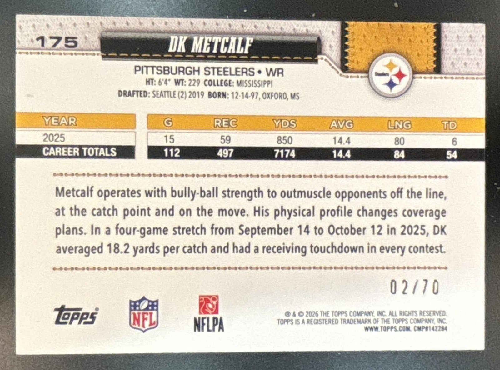 2026 Topps DK Metcalf Black /70 #175 Pittsburgh Steelers