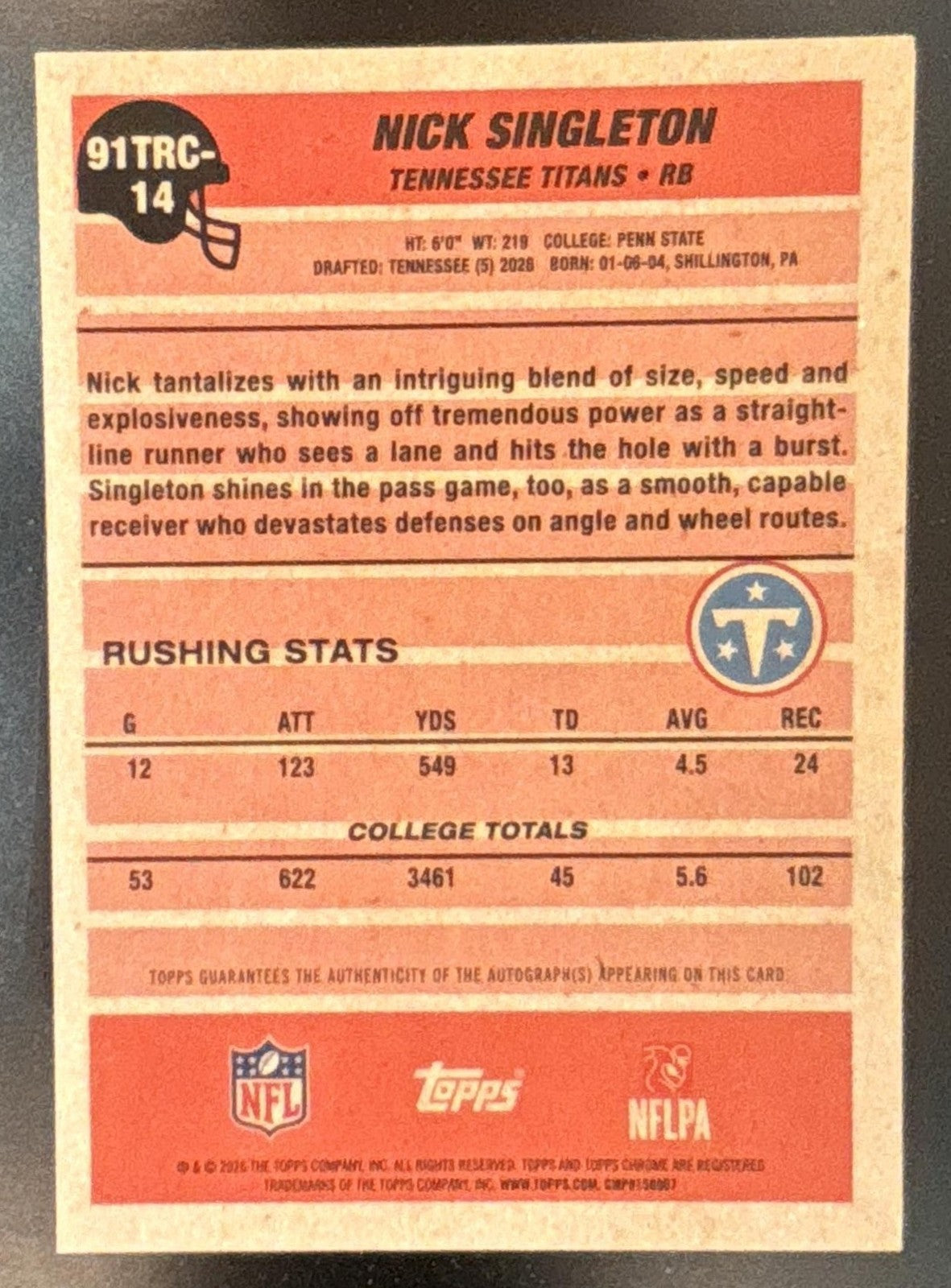 2026 Topps Nick Singleton 1991 Chrome Silver Pack Auto Mojo RC Tennessee Titans