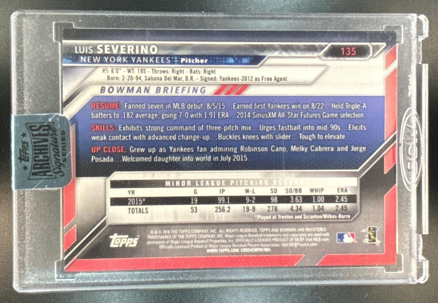 2018 Topps Archives Signature Series Luis Severino /65 2016 Bowman 135 Auto NYY