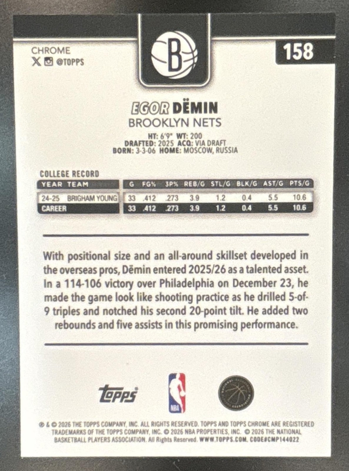 2025-26 Topps Chrome Update Egor Demin Green Refractor /99 #158 RC Brooklyn Nets