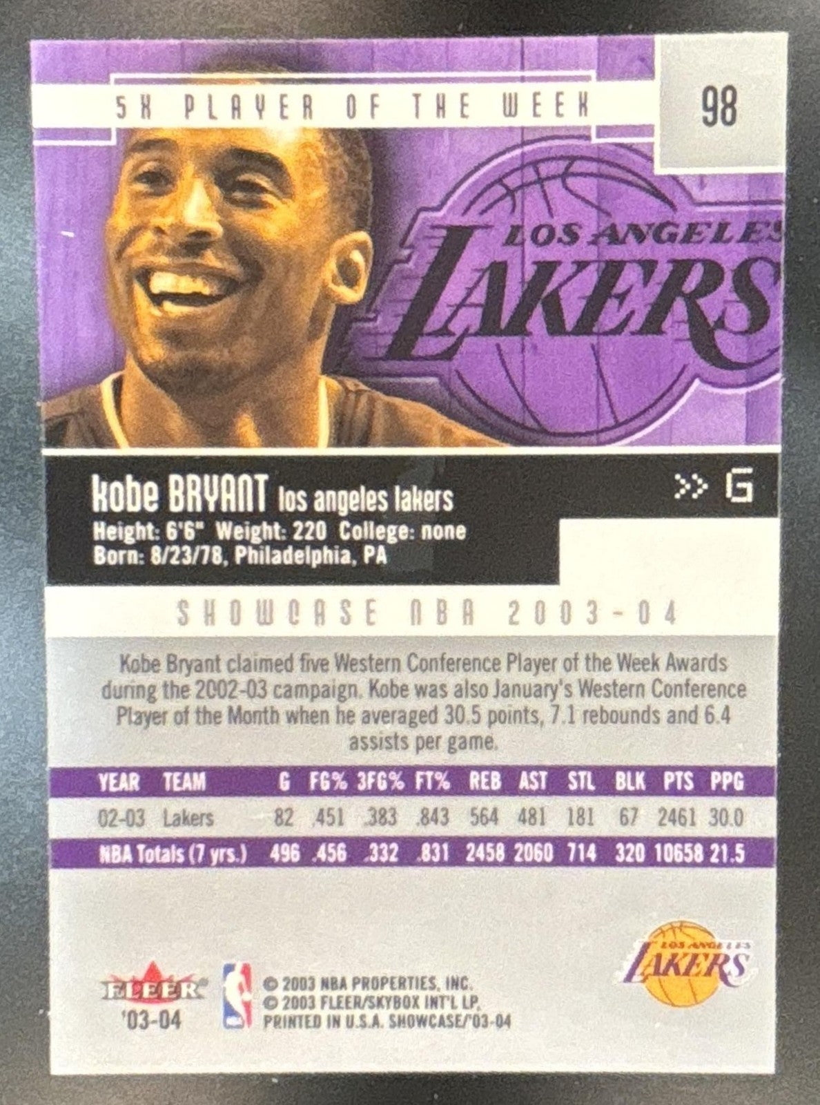 2003-04 Fleer Showcase Kobe Bryant #98 SP Los Angeles Lakers