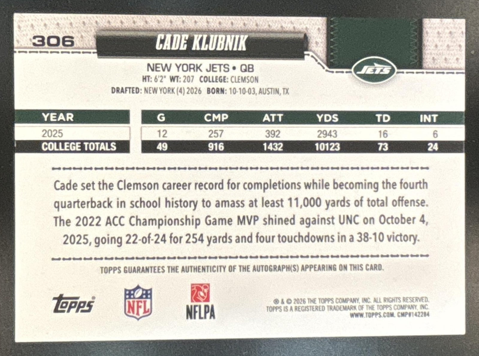 2026 Topps Cade Klubnik Real One Auto #306 RC SSP New York Jets