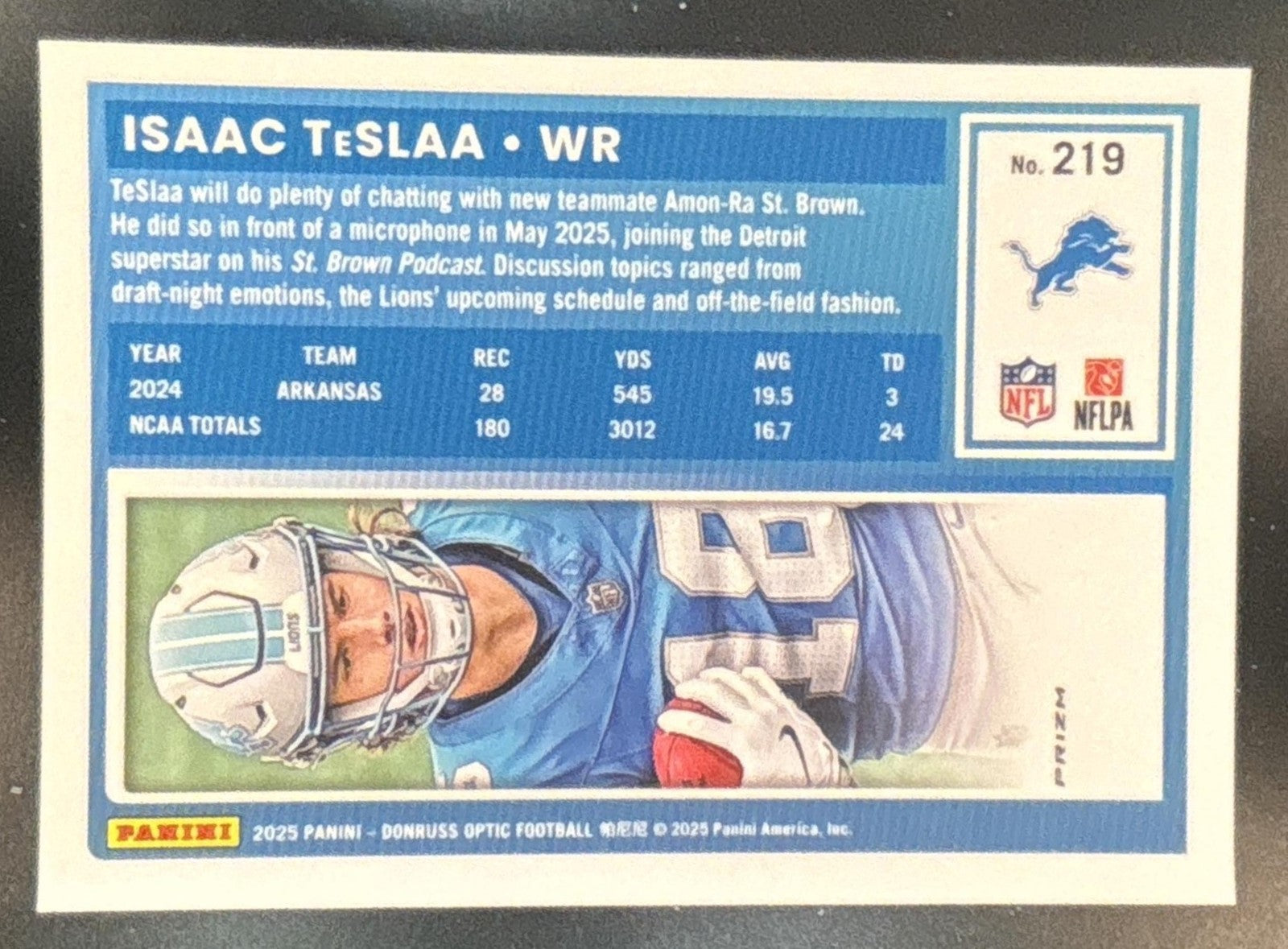 2025 Panini Donruss Optic Isaac TeSlaa One Hundred Prizm #219 RC Detroit Lions