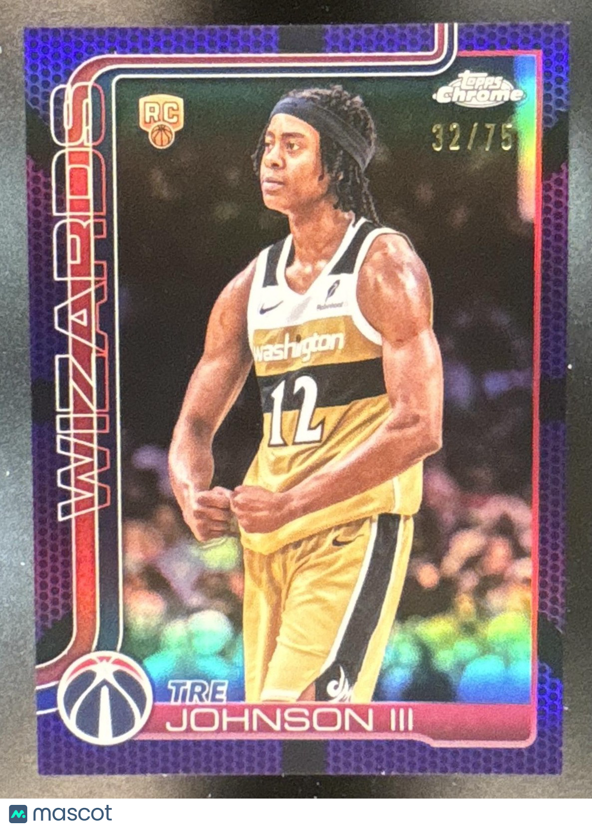 2025-26 Topps Chrome Update Tre Johnson III Purple Refractor /75 #156 RC Wizards