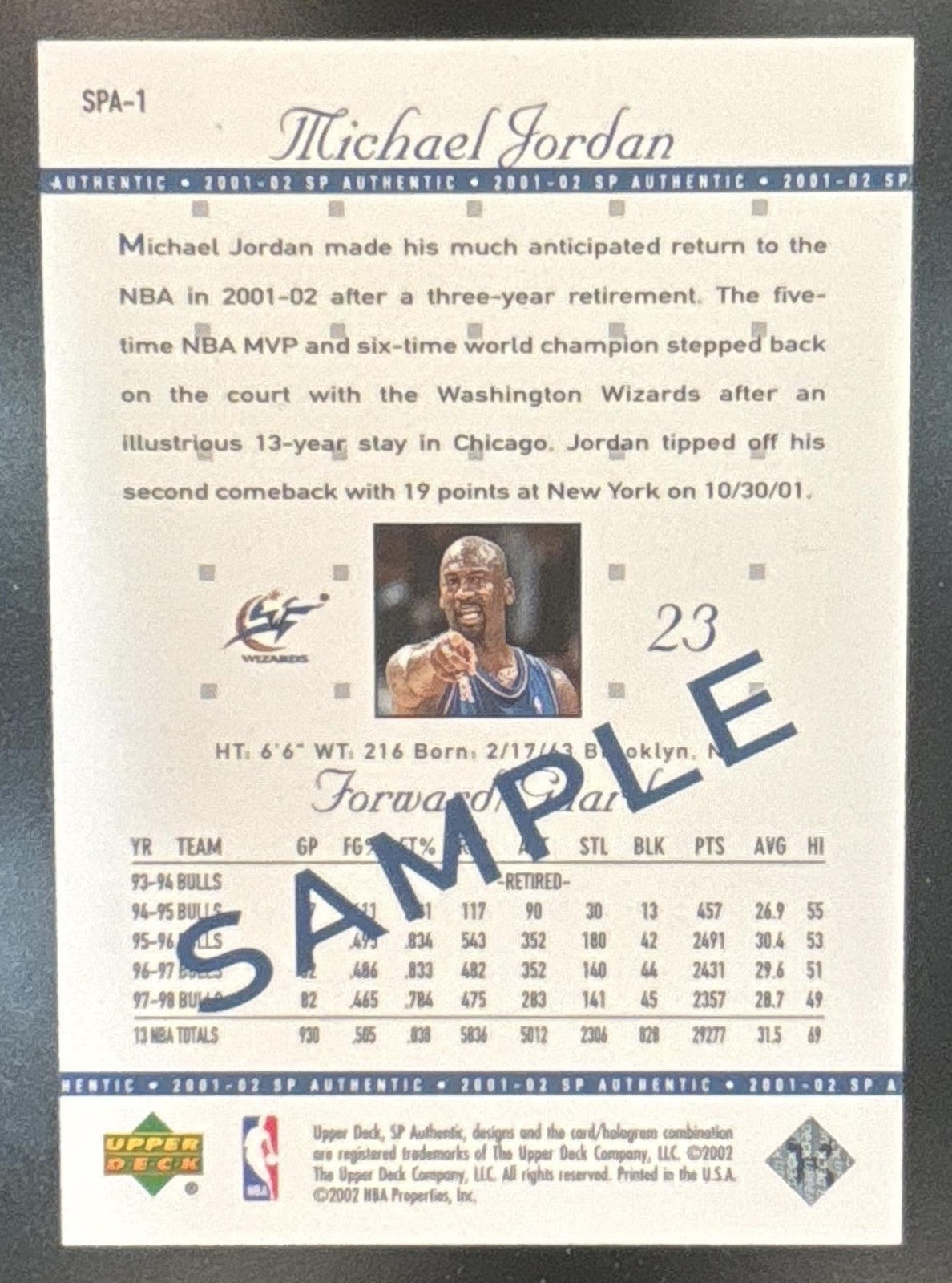 2001-02 SP Authentic Michael Jordan Promos #SPA-1 Washington Wizards