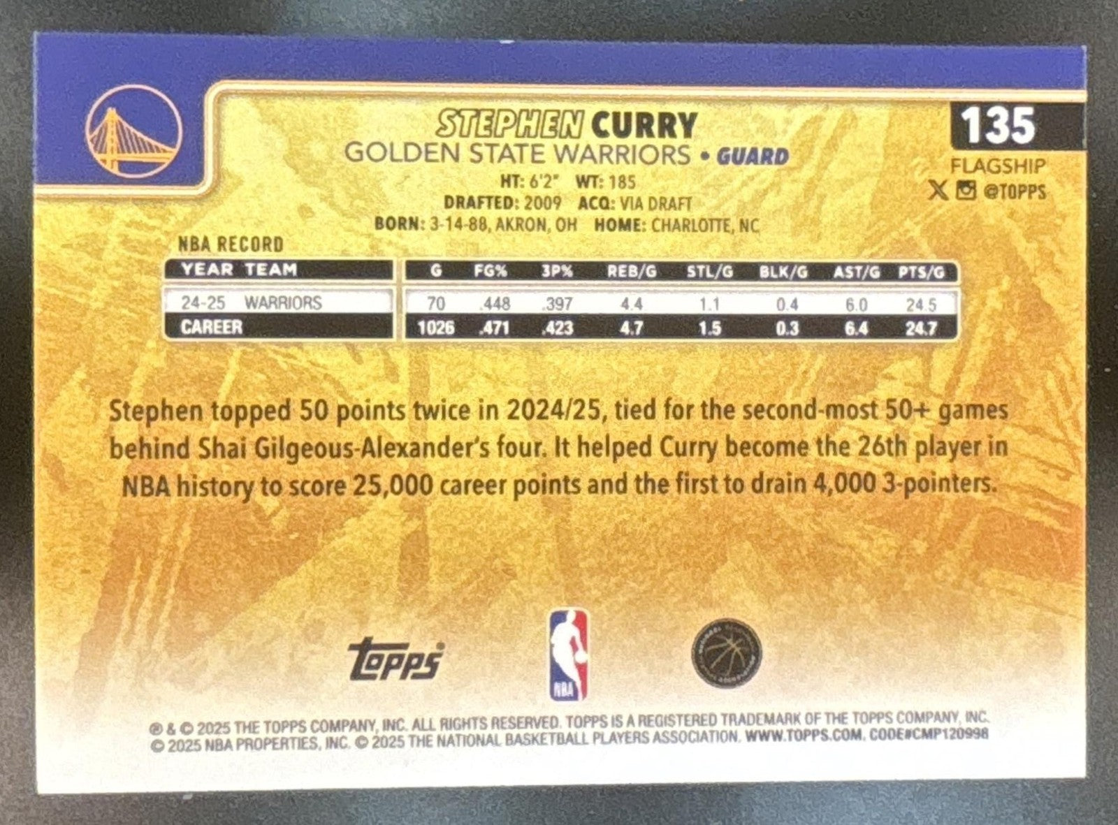 2025-26 Topps Stephen Curry Golden Mirror Image Variation #135 State Warriors