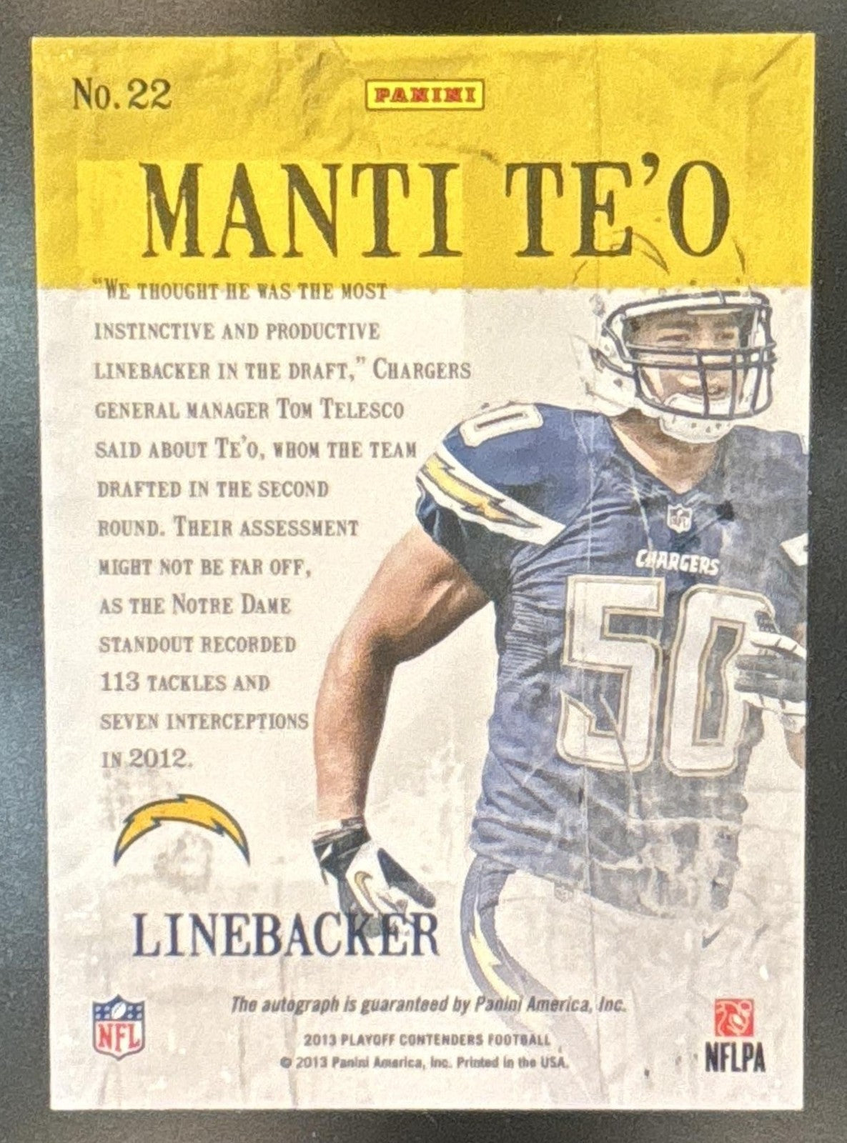 2013 Panini Contenders Manti Te o Rookie Ink #22 RC Auto San Diego Chargers