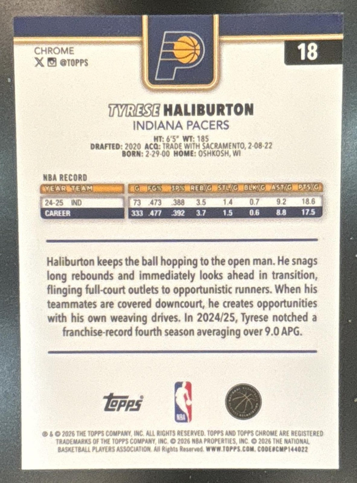 2025-26 Topps Chrome Update Tyrese Haliburton Image Variation Speckle #18 Pacers