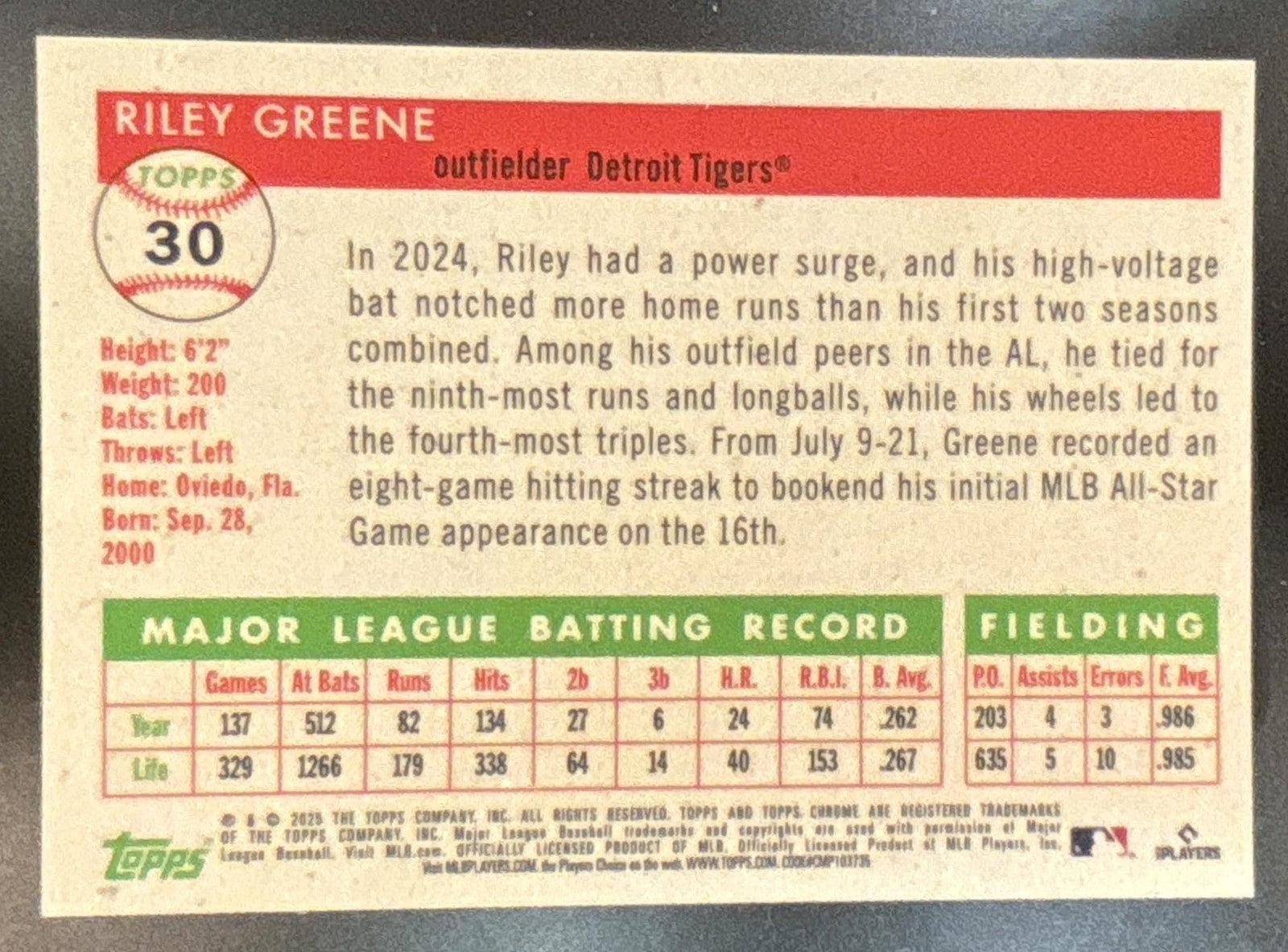 2025 Topps Chrome Platinum Anniversary Riley Greene Toile White/Orange /25 #30