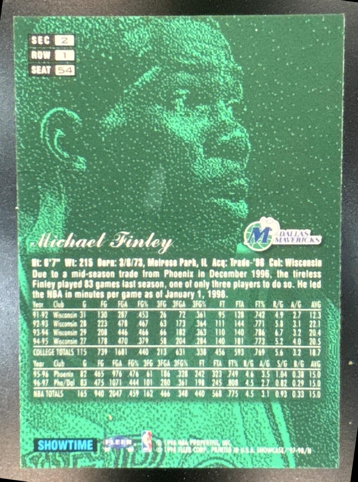 1997-98 Fleer Flair Showcase Michael Finley Row 1 #54 Dallas Mavericks