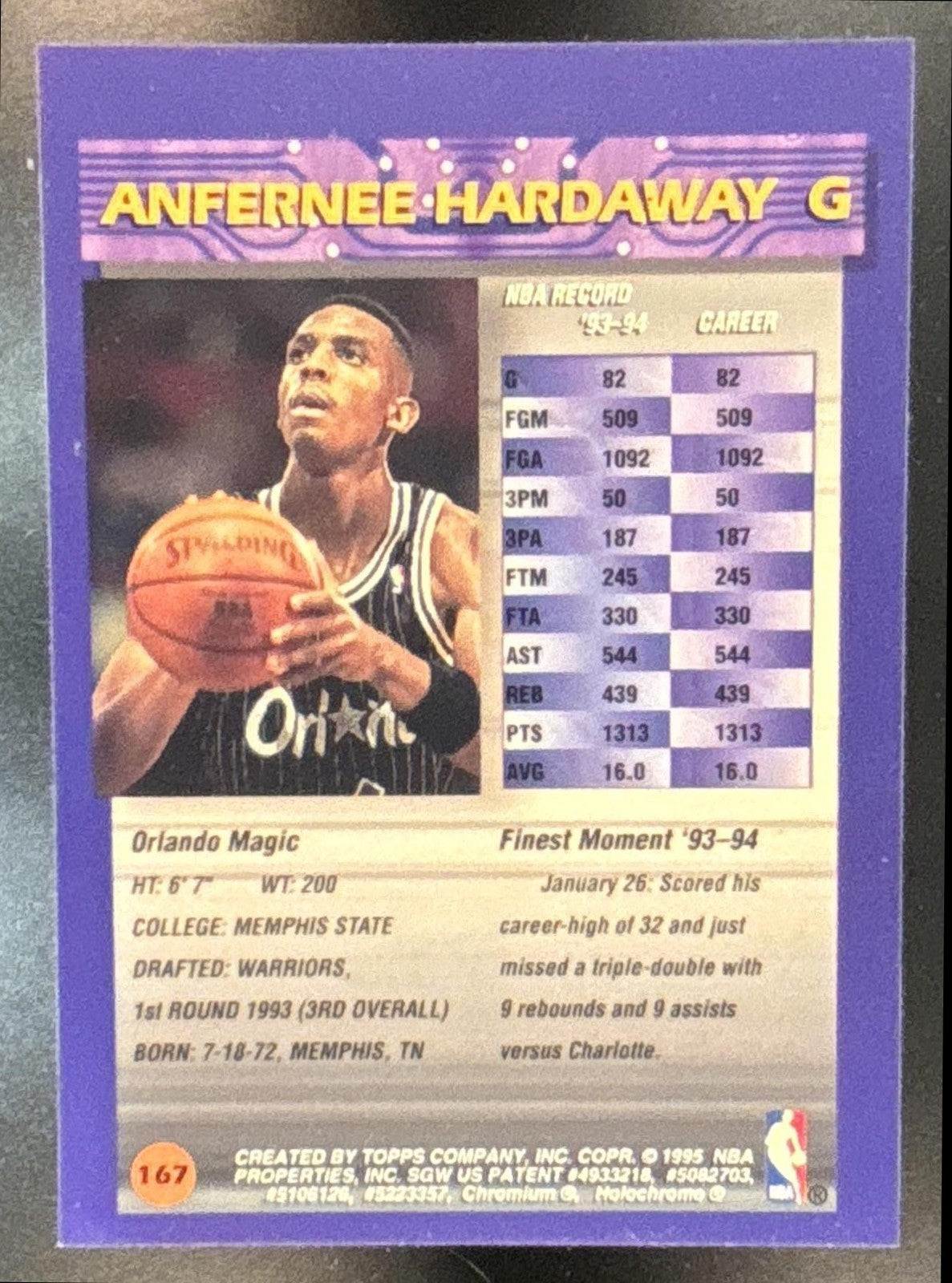 1994-95 Topps Finest Anfernee Hardaway #167 Orlando Magic